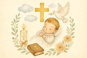 Листівка з хрещенням з голубом і дитячими ніжками на фоні