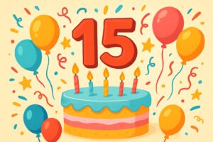 Святкове привітання на 15 років з кульками і подарунками