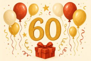 Вітальна листівка з ювілеєм 60 років для жінки чи чоловіка на фоні святкових декорацій