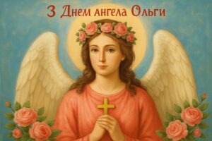 Листівка з привітанням для Ольги з Днем ангела на фоні квітів