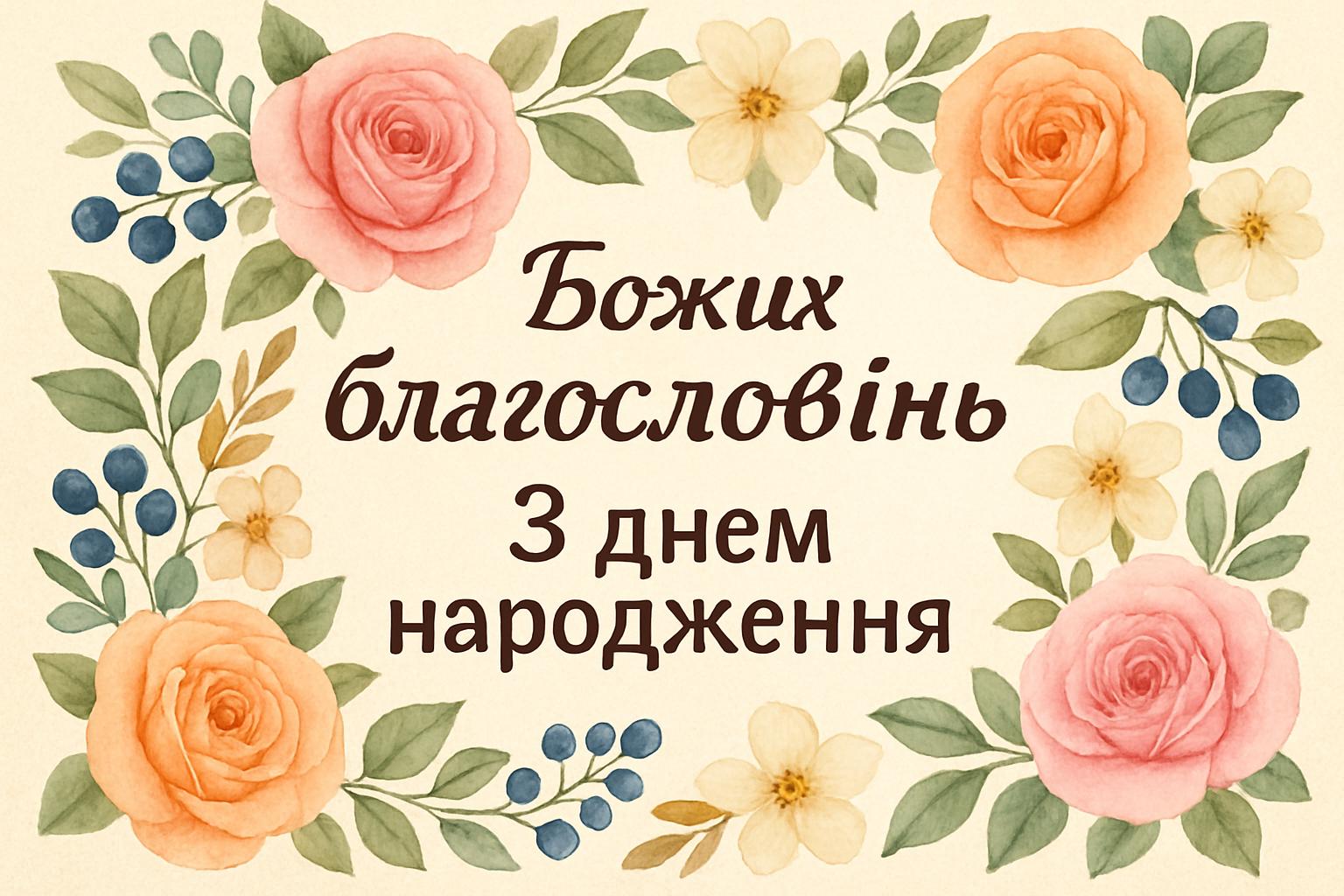 Листівка з побажаннями «божих благословінь з днем народження» — вітальна картка з квітами та свічками
