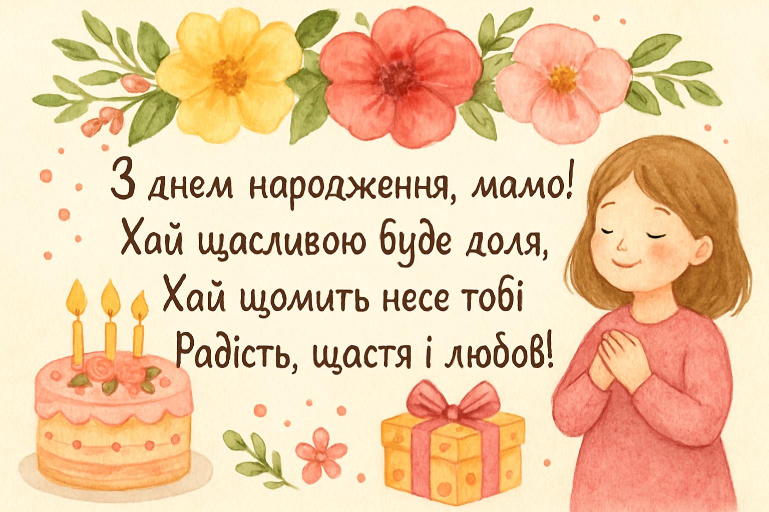 Листівка з віршиком для мами на день народження