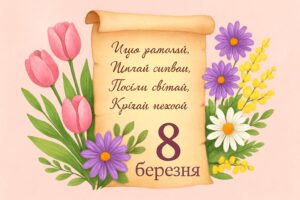 Листівка з тюльпанами та короткими віршами на 8 березня