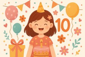День народження: вітання дівчинці 10 років — листівка з повітряними кулями