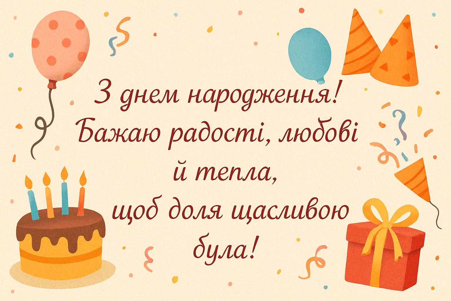 Листівка з тортом і повітряними кулями, вітання з Днем народження у віршах