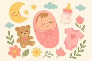 Вітання з новонародженим: щасливі батьки з немовлям і листівкою