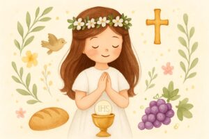 Вітання з першим причастям дівчинці — дівчинка у білому в храмі