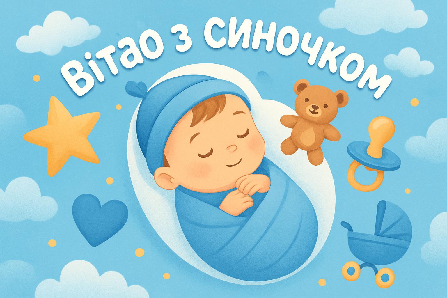 Ніжна листівка з написом «Вітаю з синочком» у блакитних тонах