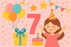 Листівка: з днем народження 7 років дівчинці, торт і кульки