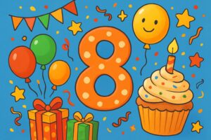Листівка з днем народження 8 років: яскраві кульки, торт і цифра 8 — для хлопчика або дівчинки