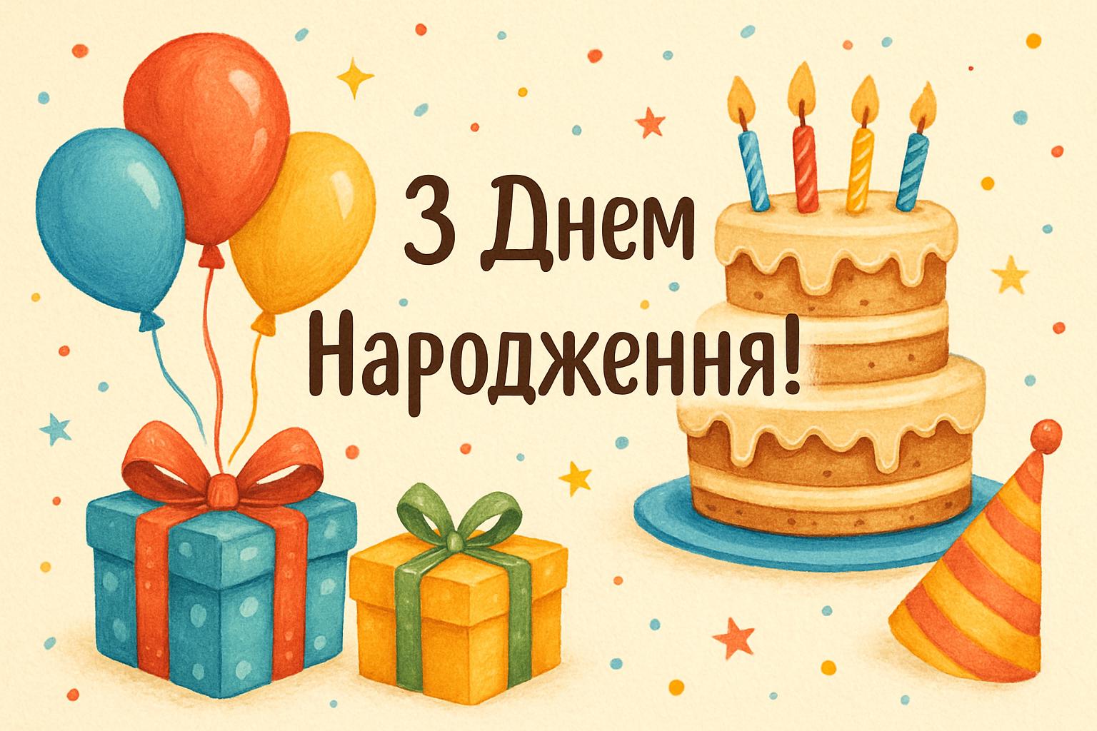 Гіф з днем народження українською: святкові кульки та торт